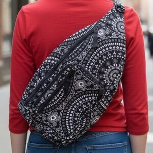 ✨ Vera Bradley Women’s Cotton Sling Backpack – Black & White Paisley ✨